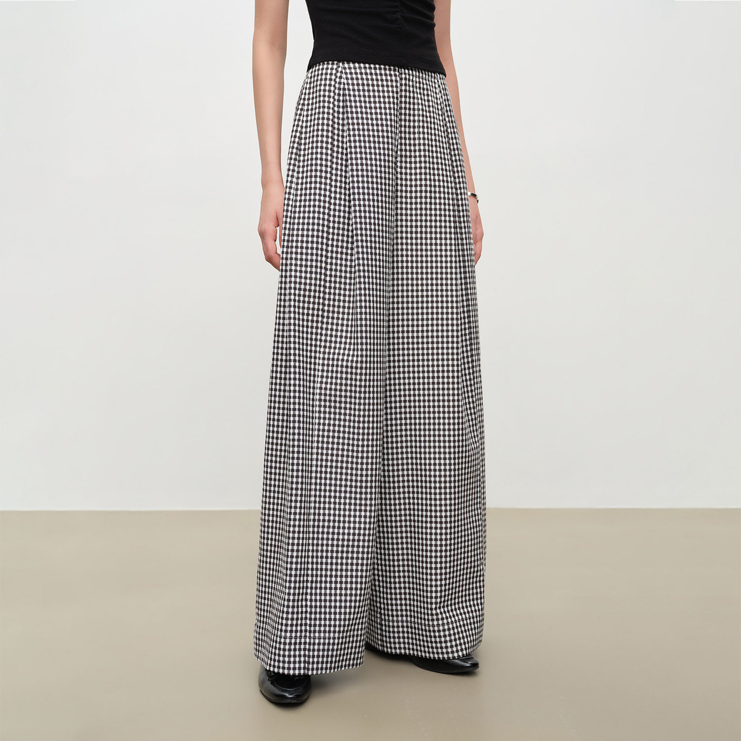 自巧巧型 小个子格纹肌理感拼褶拖地裙裤阔腿裤女2026年夏季新款 黑白格 S （尺码：3）