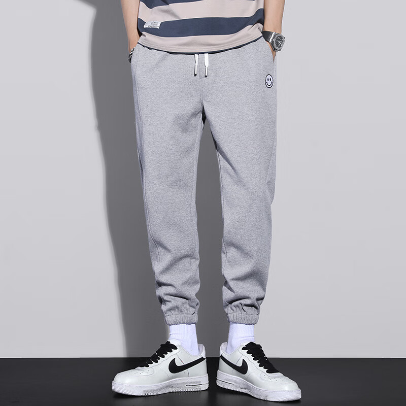 xzax裤子男士春秋季束脚宽松抽绳休闲长裤潮流韩版百搭工装 灰色 m