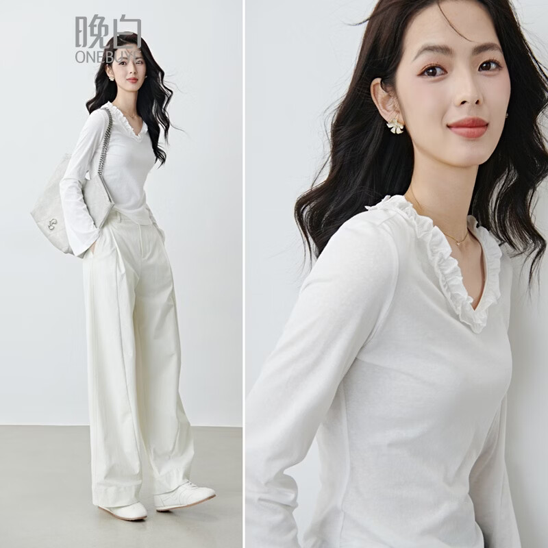 晚白2026年春款立体木耳花边V领雪花棉上衣舒适百搭设计感T恤衫女 白色 L