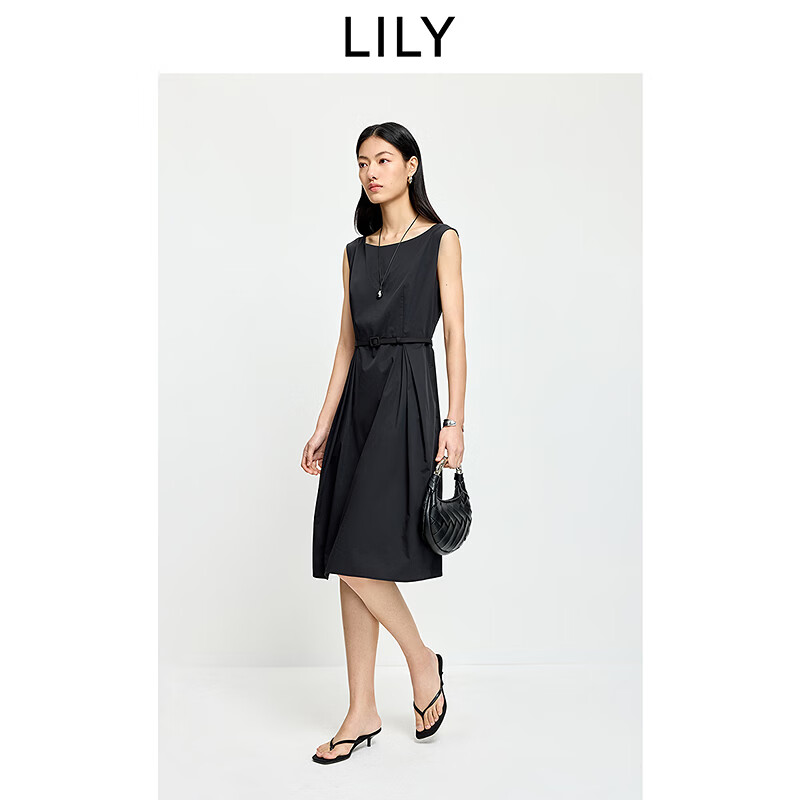 LILY2026夏新款复古赫本风收腰无袖一字领气质通勤小黑裙连衣裙女 510黑 S