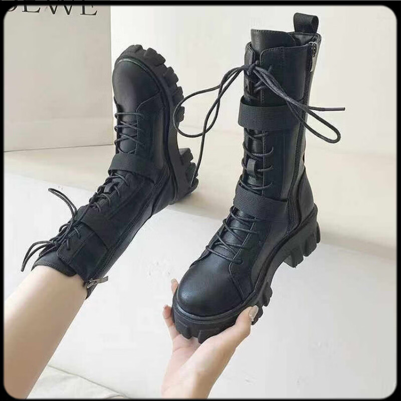 增高鞋英伦风增高马丁靴 厚底中筒靴 女款机车骑士靴夏季新款 黑色升级版跟8厘米 送3厘米增高垫 38