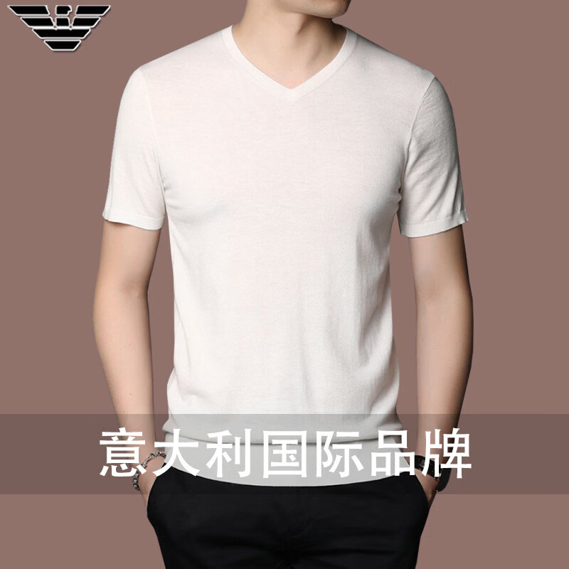 阿玛尼（ARMANI）正品品牌v领短袖t恤羊绒衫男薄款春秋中年半袖鸡心领羊毛针织衫 国际一线品牌深灰色 2XL 180__建议155斤到170斤穿