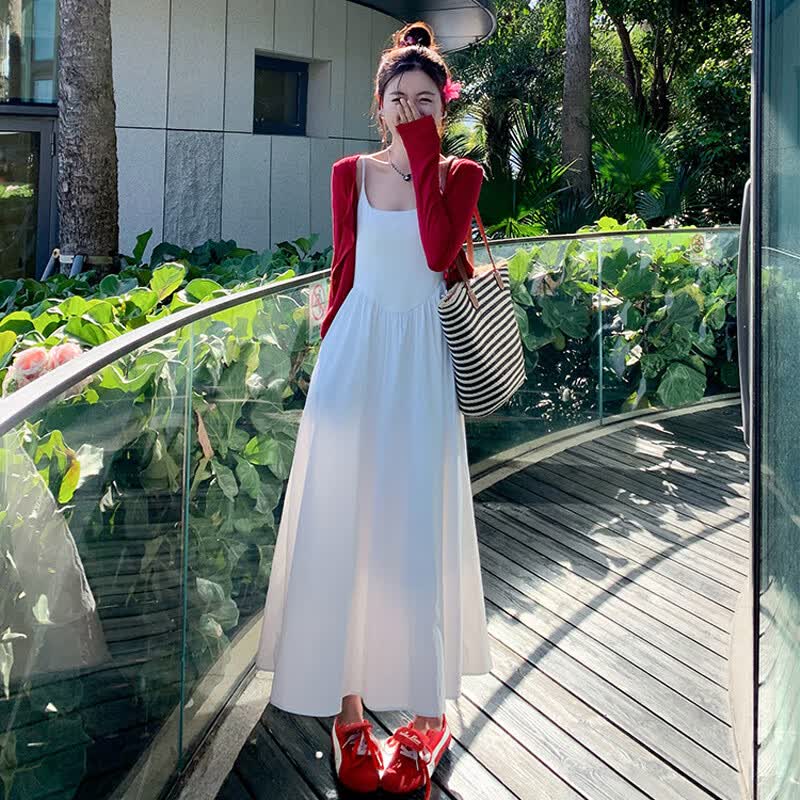 心楠高级感海边度假白色吊带连衣裙女夏季沙滩旅游长裙子套装 白色吊带连衣裙开衫套装M【100-115斤】