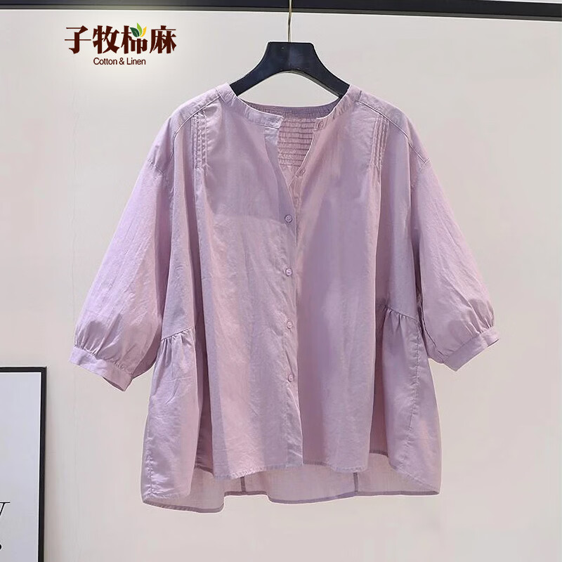 子牧棉麻2026春夏装 女洋气小衫宽松显瘦圆领开衫五分袖衬衫上衣8013 紫色 M (建议95-115斤) 京东折扣/优惠券