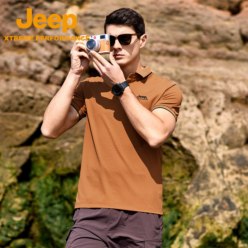 JEEP吉普男士T恤2026春夏季新款短袖男冰丝凉感短袖男商务休闲polo衫 焦糖色 /男女同款 XL
