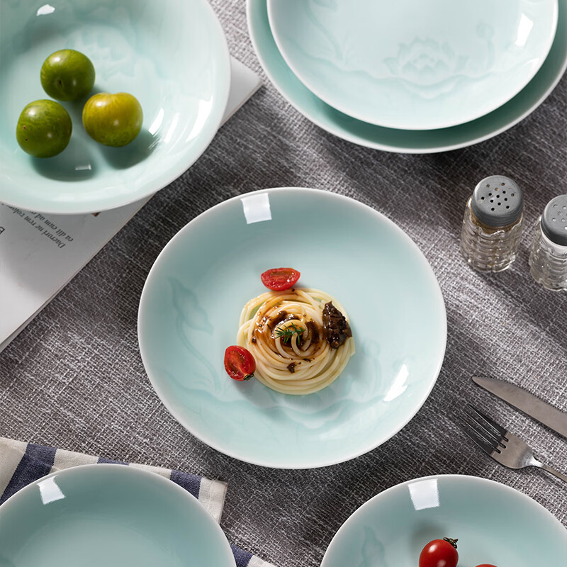 巧陶（QIAOTAO）陶瓷餐具套装龙泉青瓷中式碗菜碟盘子套组家用高颜值饭碗高档礼盒 出水芙蓉天青【46】 【礼盒装】 46件套