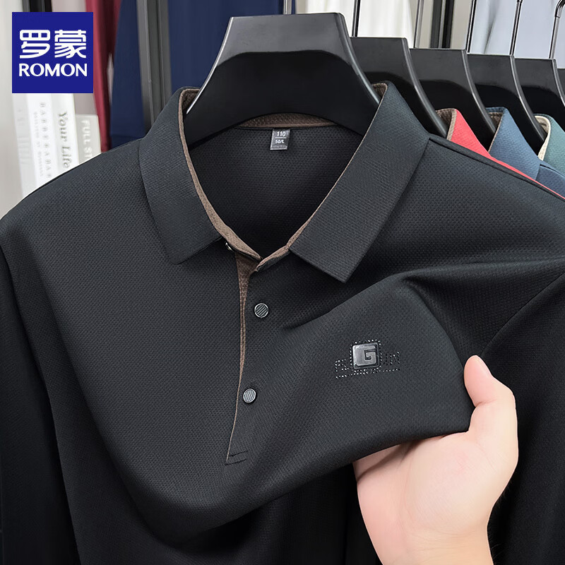 罗蒙（ROMON）长袖t恤男翻领2026春季新款休闲男士翻领打底体恤衫男装上衣 藏青 XL (建议体重130-150斤)