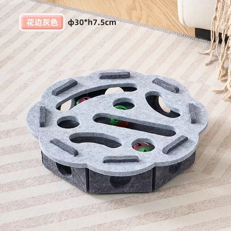 猫咪玩具逗猫毛毡盒自嗨解闷神器迷宫玩具耐抓耐磨不掉屑猫抓板 圆形灰色 带3球