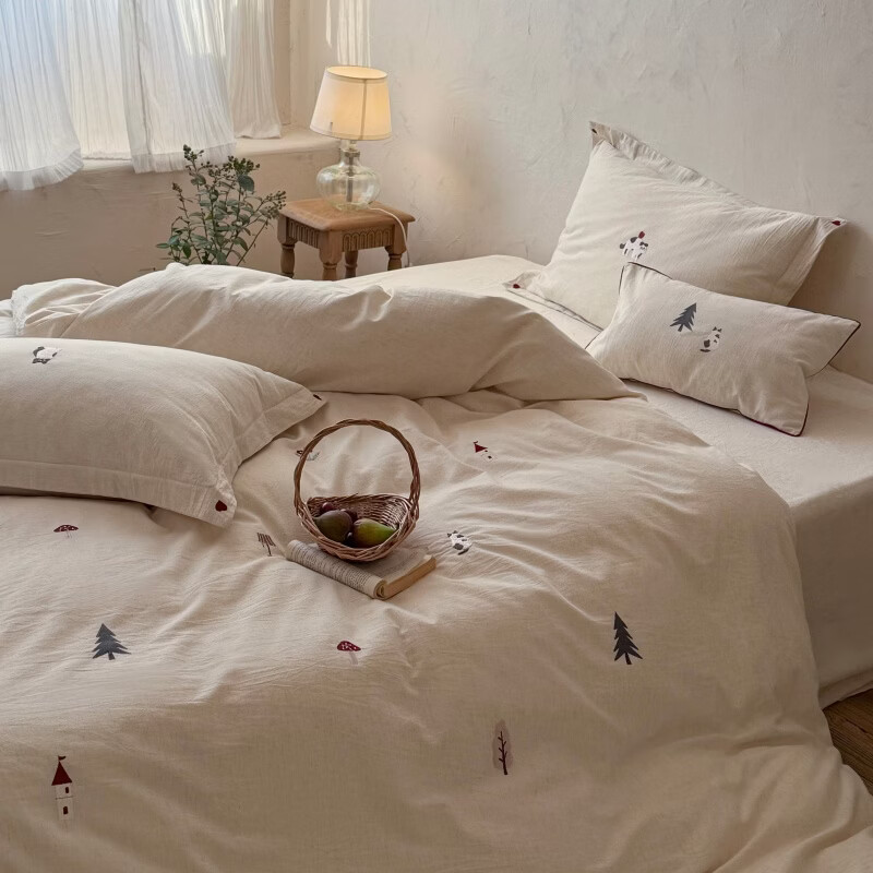 ROLAND LIVE春夏色织棉麻四件套精密刺绣被套四季透气家用简约风床上用品 LB 色织棉麻套件-漫记森林 1.2米床 床单款 【被套150*200cm】