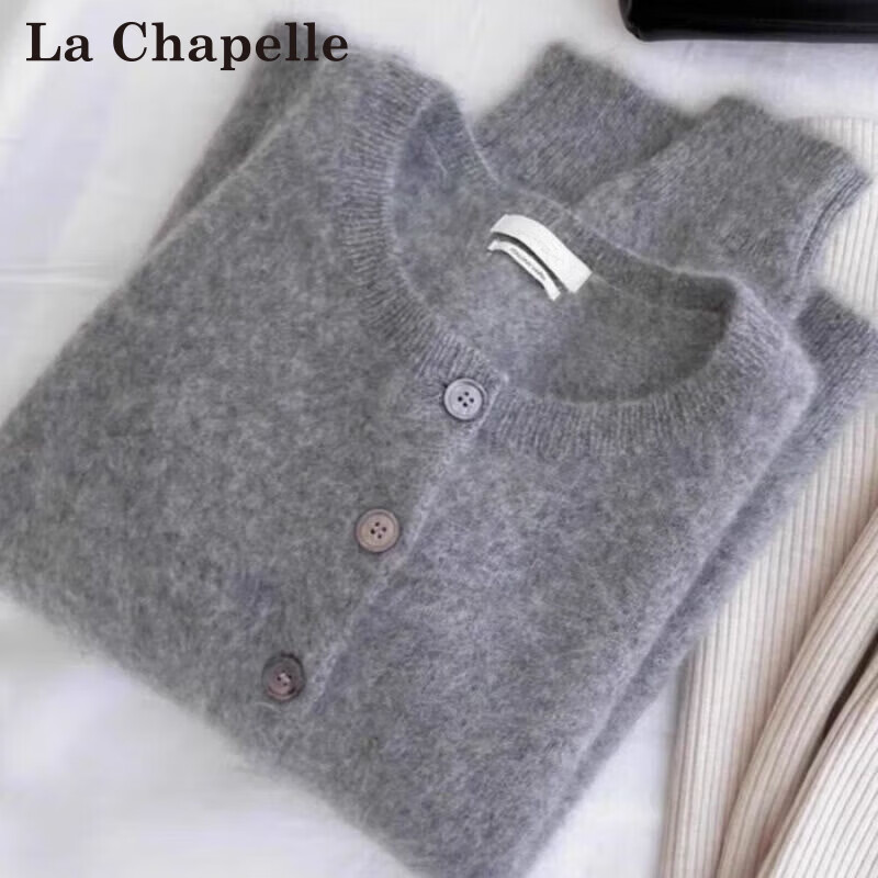 拉夏贝尔（La Chapelle）针织衫女装2026春秋新款慵懒风开衫毛衣短外套复古设计感上衣冬季 灰色(高品质) M 建议95-110斤