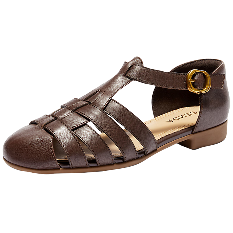 森達(dá)羅馬涼鞋女2026夏新羊皮復(fù)古休閑豬籠涼鞋4LV30BK6 啡色 36