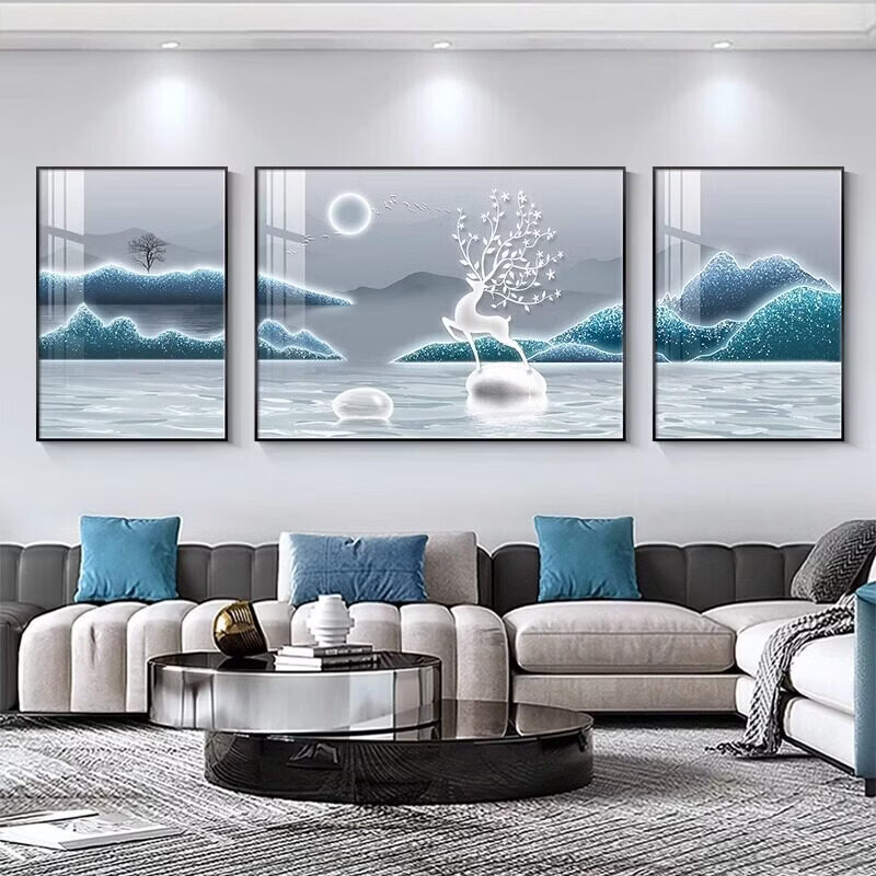 柳莺花燕现代简约客厅装饰画沙发背景墙挂画新款大气壁画三联画轻奢晶瓷画 聚祥纳瑞(铝合金框) 加大套【左右70X90+中120X90】镶钻画 免费上门按装(铝合金框)