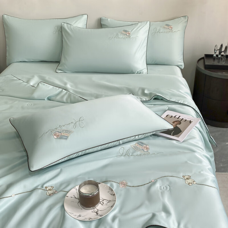 水星家纺夏凉被空调被水洗真丝夏被四件套夏季被子裸睡轻奢床单床笠 公主日记-白茶绿 床单款 夏被200*230cm++2枕套