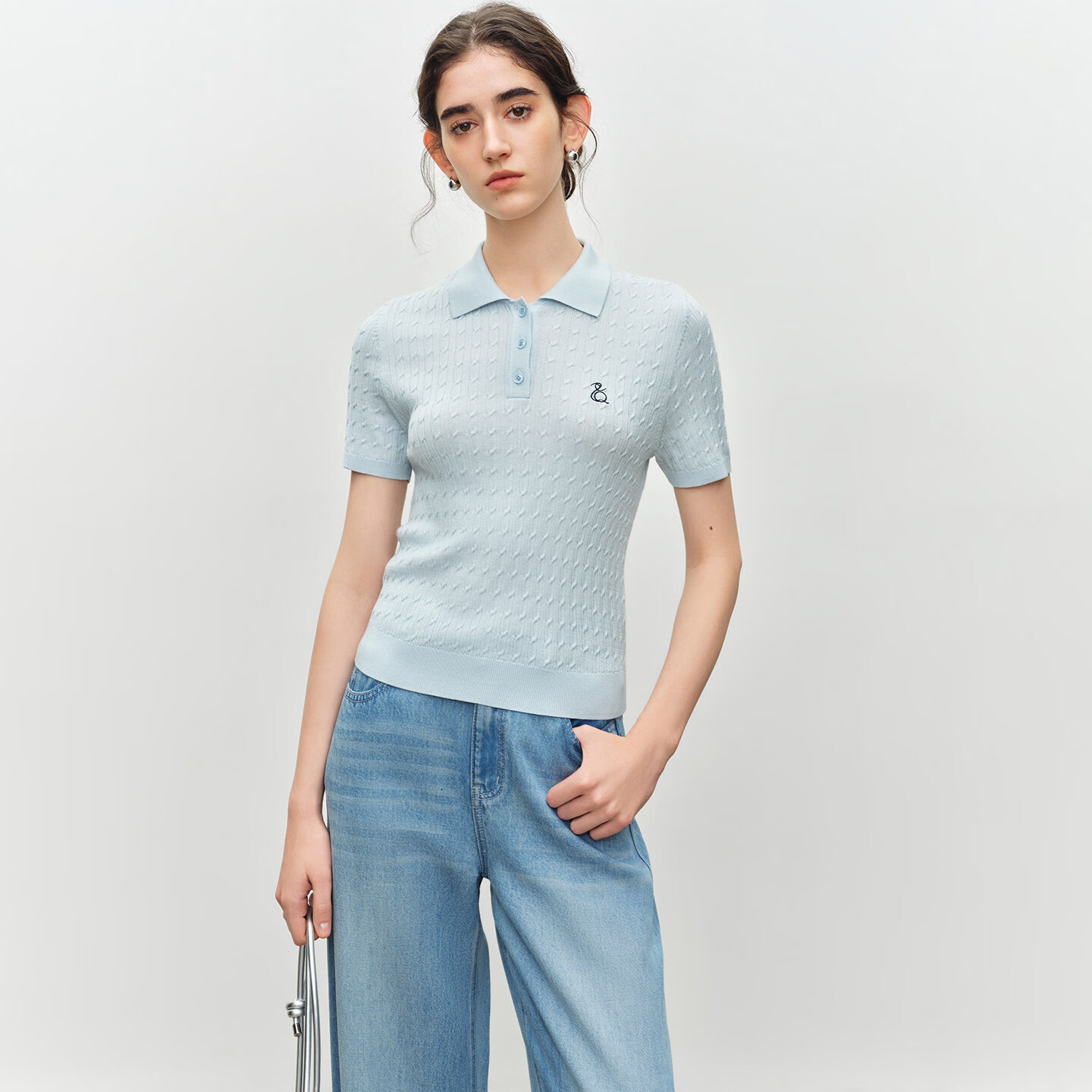自巧小个子蓝色学院风短袖绞花polo衫女2026夏新款修身针织衫上衣 冰融蓝 XS （尺码：2）