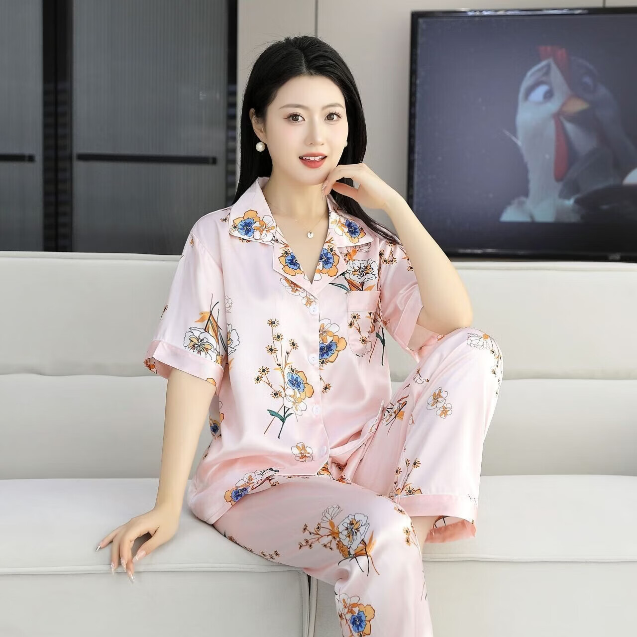 2026新款高档冰太阳花睡衣套装空调服家居服睡衣可外穿舒适裸感 粉色太阳花【短袖长裤】 3XL (建议160-175斤)