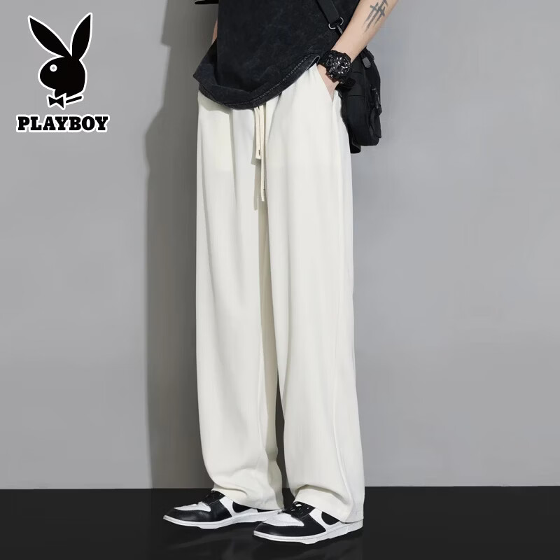 花花公子(PLAYBOY)冰丝裤子夏季男休闲直筒男裤宽松冰感潮流拖地阔腿男士西装长裤 H41黑色 XL (建议140-160斤)