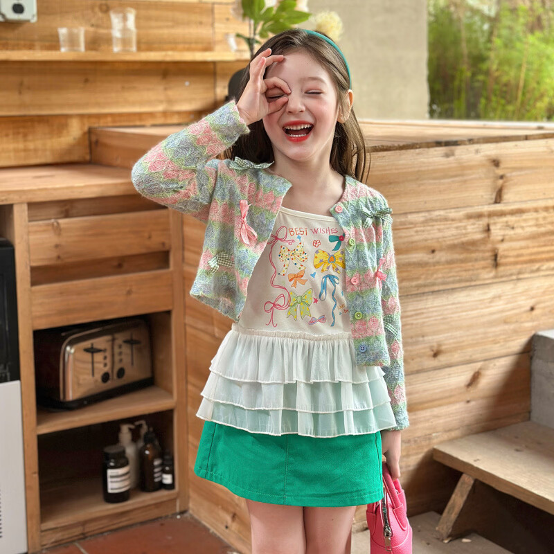 栀了成长记童装女童时髦条纹开衫上衣2026春季儿童蝴蝶结短款外套 吊带 150 cm