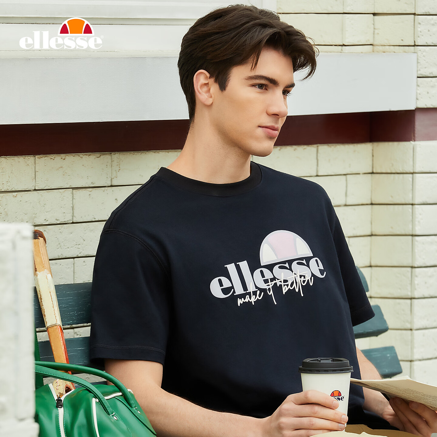 ellesse小贝壳情侣款logo字母多巴胺男女款宽松圆领短袖T恤 黑色 S