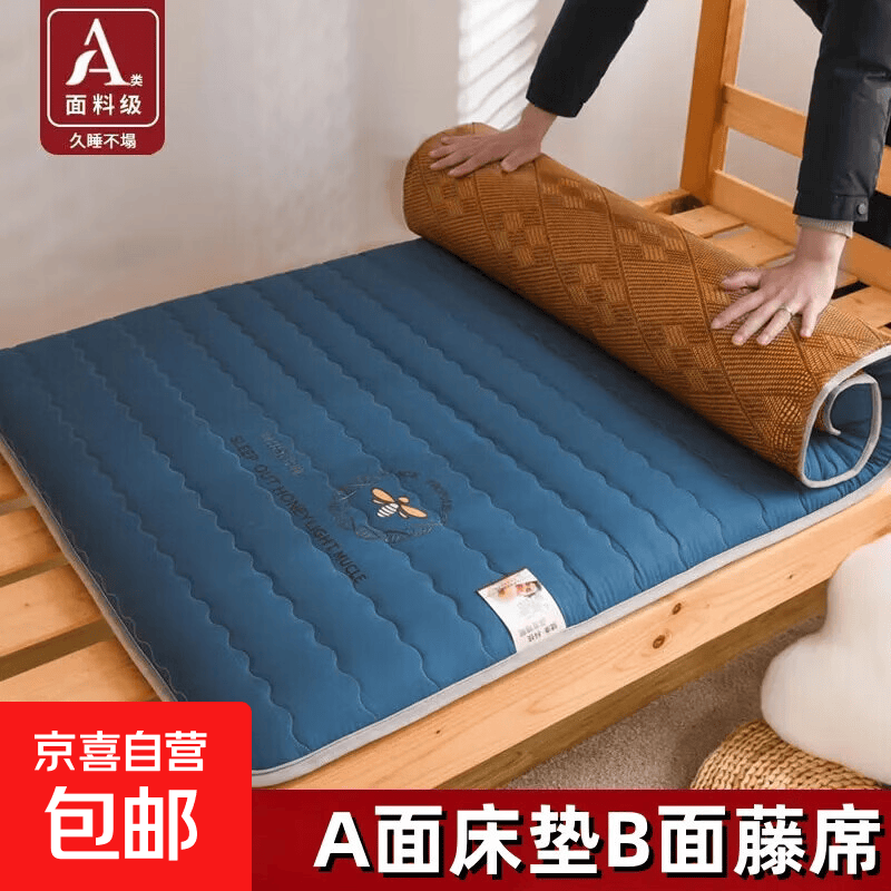 冬夏两用凉席床垫子宿舍单人床垫0.9x1.9米软垫地垫榻榻米褥子垫 【A面凉席+B面床垫】两用-冰藤-波纹蓝 90x200cm约厚4.5cm【一垫两用】