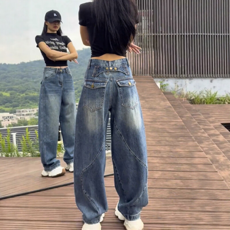 MODX女士大码阔腿牛仔裤，2026年秋季新款，修身宽松，美国高街直筒裤 蓝色 S 【建议80-100斤】