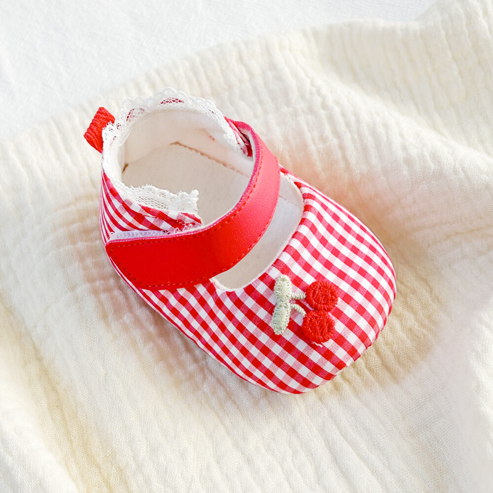 春秋款婴幼儿0-6-12月宝宝鞋女童公主鞋婴儿鞋单鞋软底不掉学步鞋 樱桃格子公主鞋 单层 15 内长12.5cm L码建议7-12个月