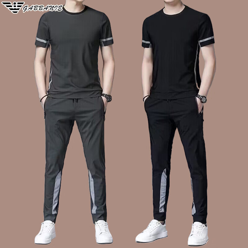 阿玛尼（ARMANI）意大利正品男士休闲运动套装夏季圆领冰丝短袖男T恤中青年两件套 国际一线品牌AG_F9803灰绿_收脚 2XL 180_【建议150-165斤】