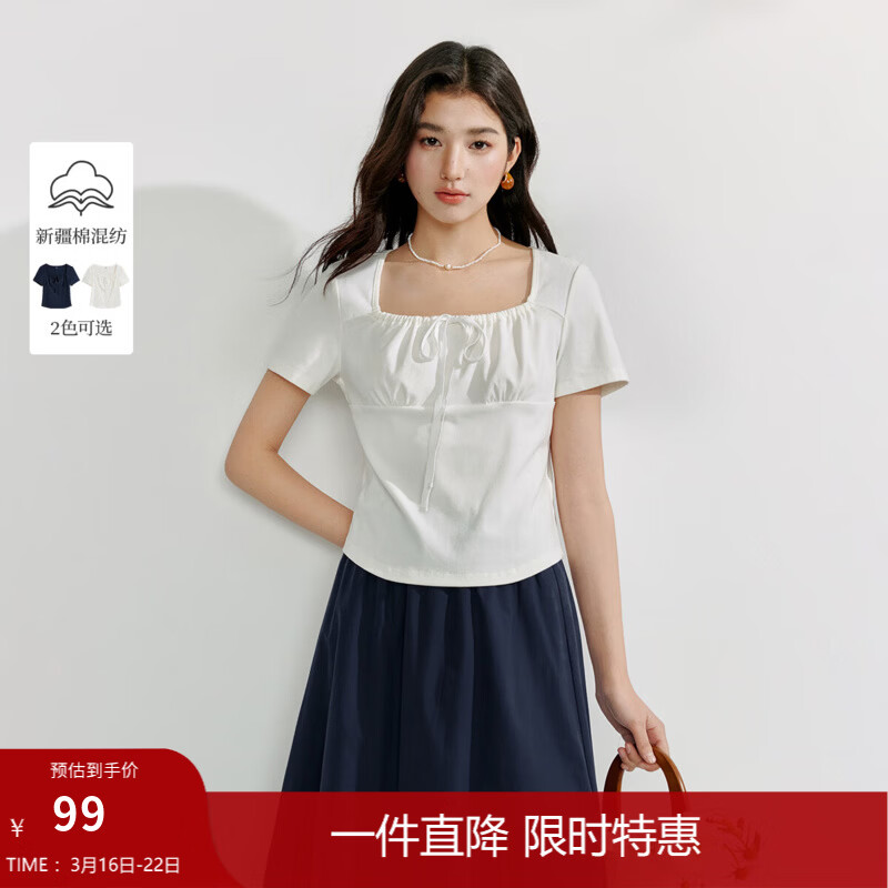 茵曼【商场同款】系带方领褶皱T恤2025夏季女装新款收腰短袖上衣 白色 M