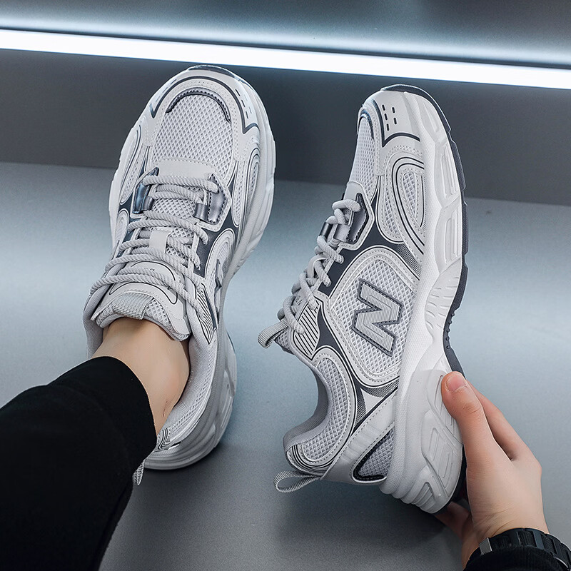 新百伦女鞋老爹鞋2026男女情侣厚底1908小白鞋夏季透气运动鞋 奶油白 44