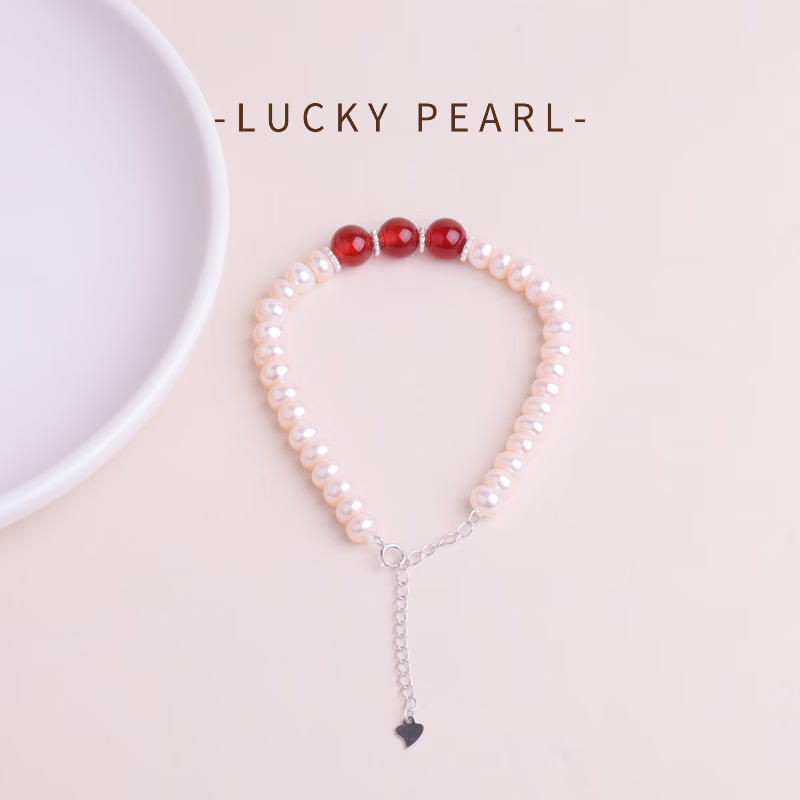 有幸珍珠手链 S925银复古红玛瑙玉髓淡水珍珠手链6-7mm天然珍珠手串女 925银红玛瑙 淡水珍珠6-7mm 馒头形/强光 链长:17+5cm