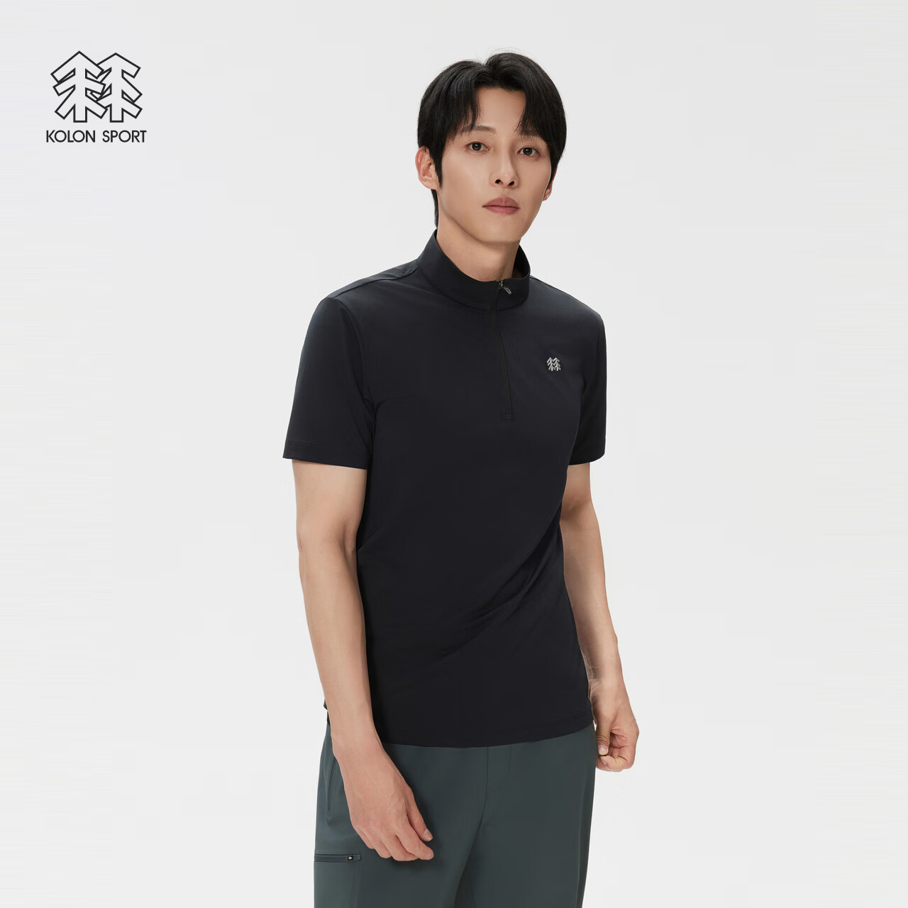 KOLON SPORT/可隆户外吸湿速干T恤 男士NATURETOP半拉链短袖上衣 LHZT6MN071-BK 黑色 XL 180/100A