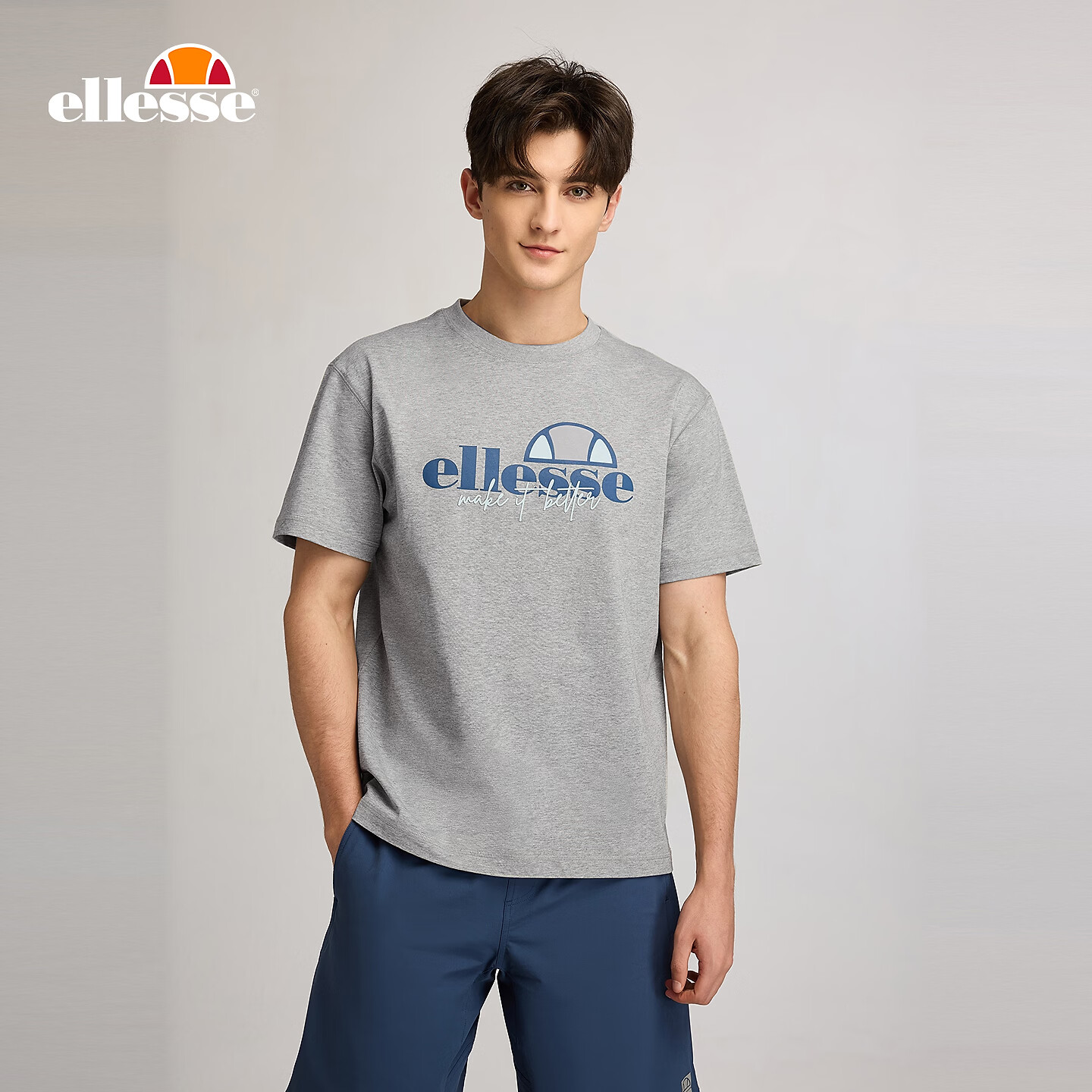 ellesse小贝壳情侣款logo字母多巴胺男女款宽松圆领短袖T恤 灰色 2XL