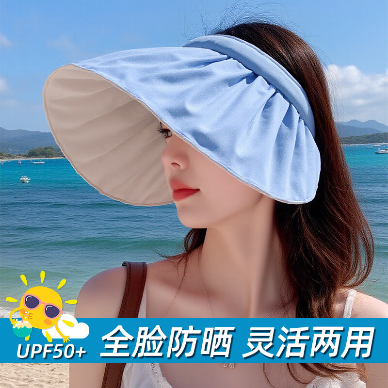 万宝绿防晒帽女士夏季防紫外线新款贝壳遮阳帽空顶太阳帽子可折叠 UPF50+【帽箍两用款】天蓝色-米白底 京东折扣/优惠券