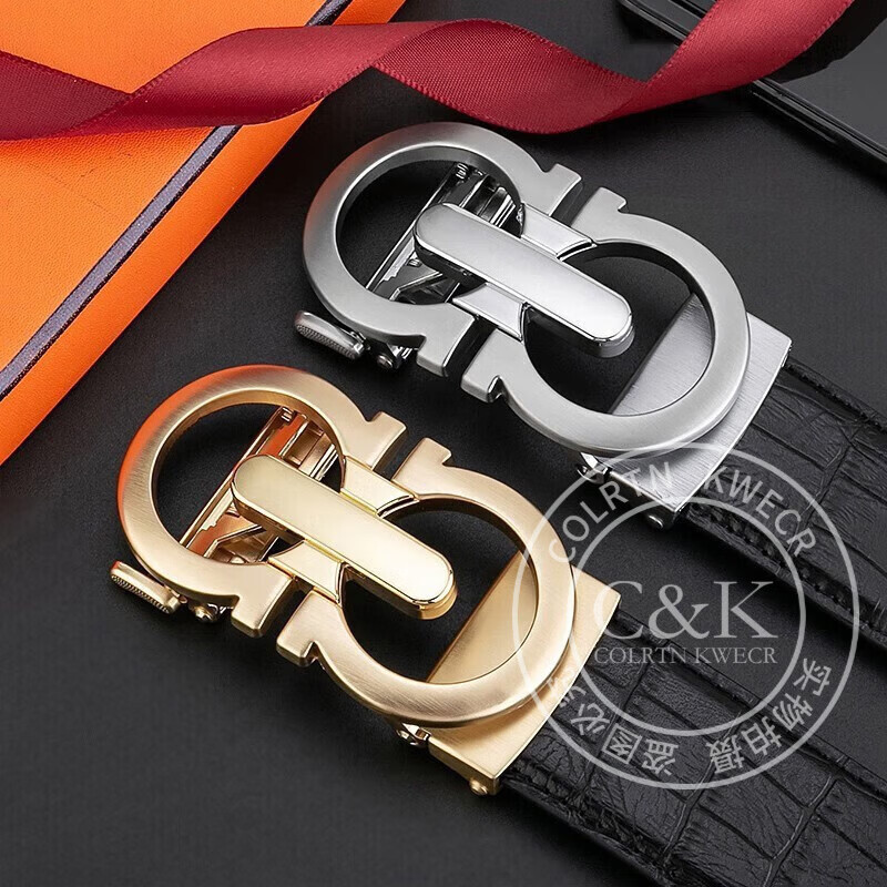 Colrtn Kwecr男士真皮轻奢皮带中青年商务实用自动扣裤腰带礼盒装父亲节奢侈品 CK黑色皮带+8字古金扣头 105cm