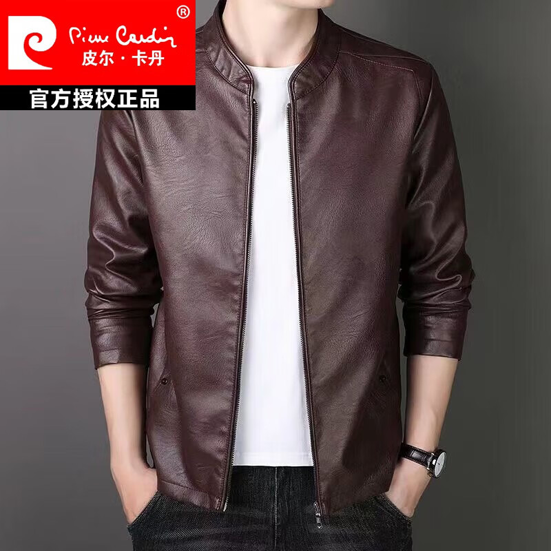 皮尔卡丹（pierre cardin）新款真皮皮衣男修身立领外套商务休闲大码皮夹克上衣爸爸装针织 8055棕色 3XL 155-170斤