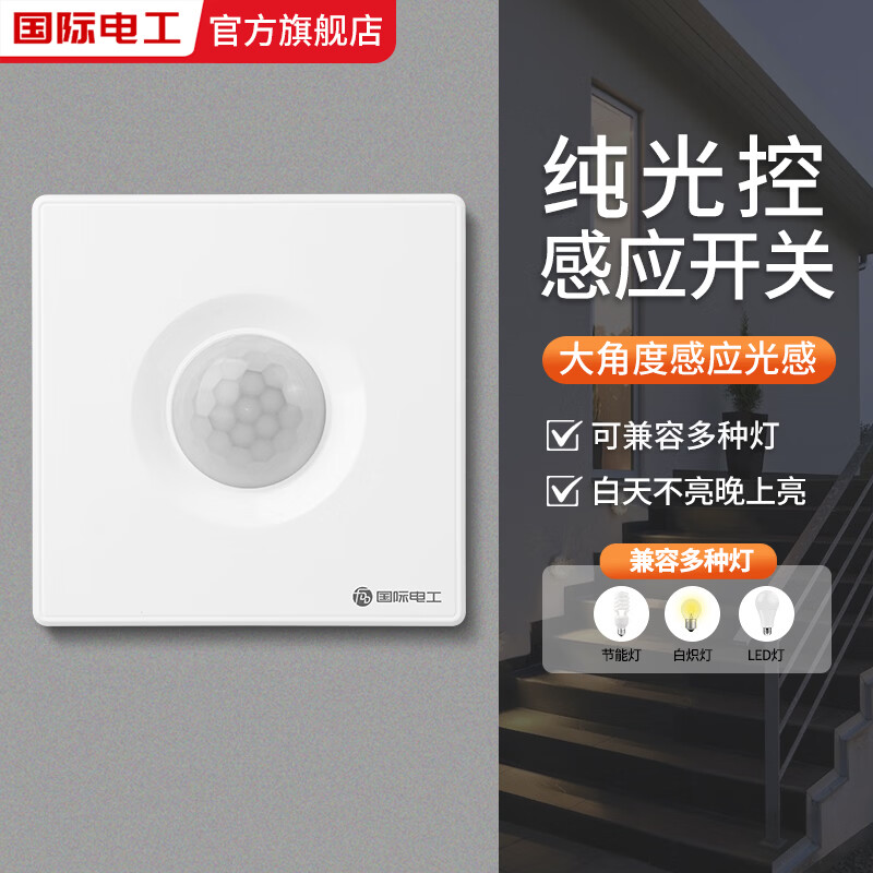 国际电工86型可调光感光控开关天黑全自动亮路灯光感光敏光线感应感光开关 纯光控感应开关【白色】不可调款