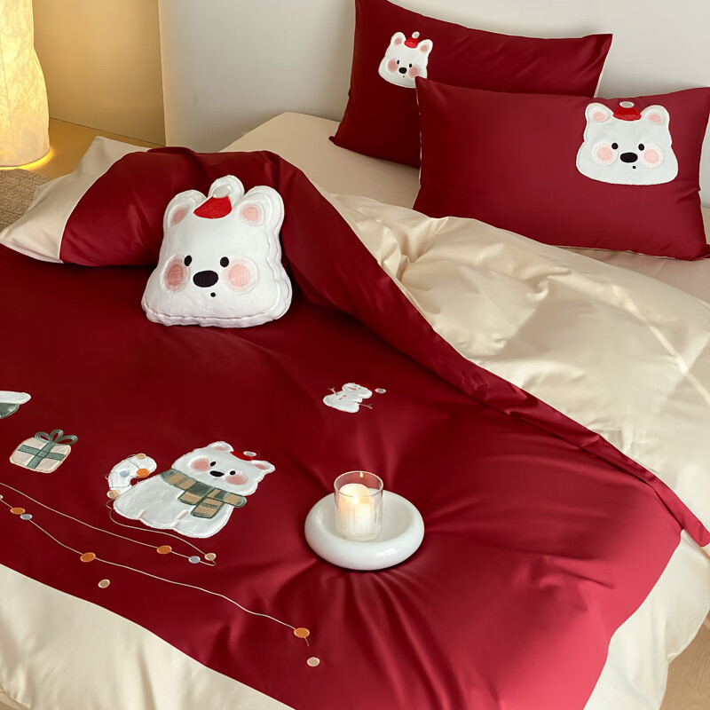 ROLAND LIVE全棉红色新疆长绒棉四件套萌趣贴布绣儿童卡通纯棉床上用品三件套 YX 全棉卡通套件-小狗团子 1.2米床 床单款 【被套150*200cm】