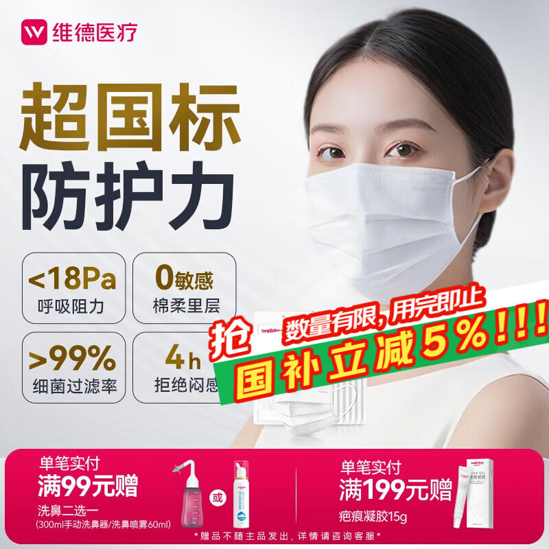 维德（WELLDAY）一次性医用外科口罩100只白色A1型耳挂式（无菌）中号