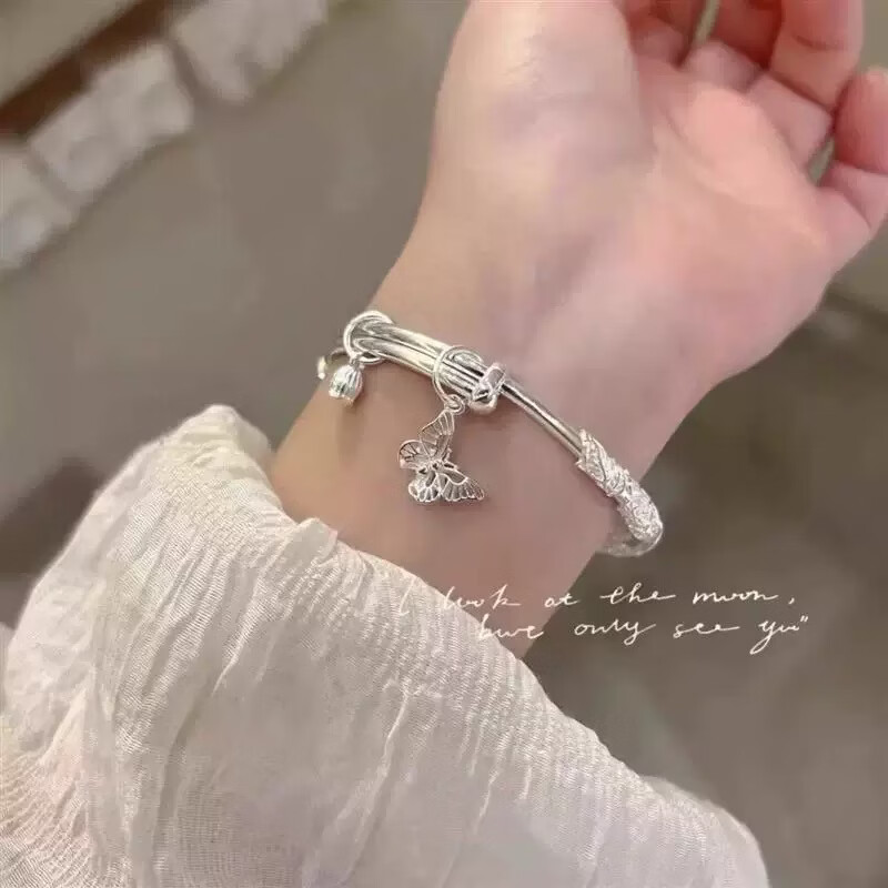 纯银手镯女9999足银生日礼物女生七夕情人节礼物送女友朋友高级感 【繁花蝴蝶手镯 25g】+玫瑰花礼盒+证书