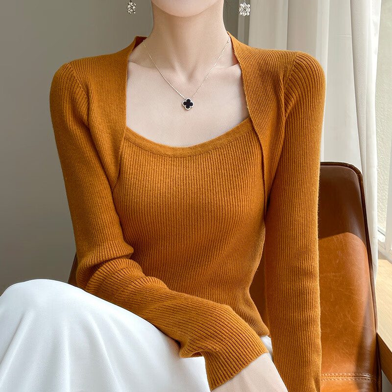 香影芬假两件针织打底衫女2025秋季设计感洋气毛衣秋冬内搭修身显瘦上衣 黑色 XL (建议115-125斤)