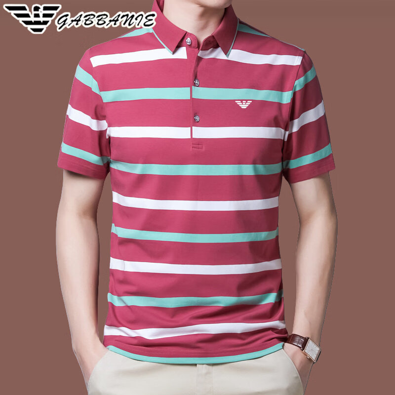 阿玛尼(ARMANI)意大利正品 夏季男士短袖T恤纯棉翻领中年条纹休闲 国际一线品牌GA_819蓝色 2XL 185_建议180-200斤