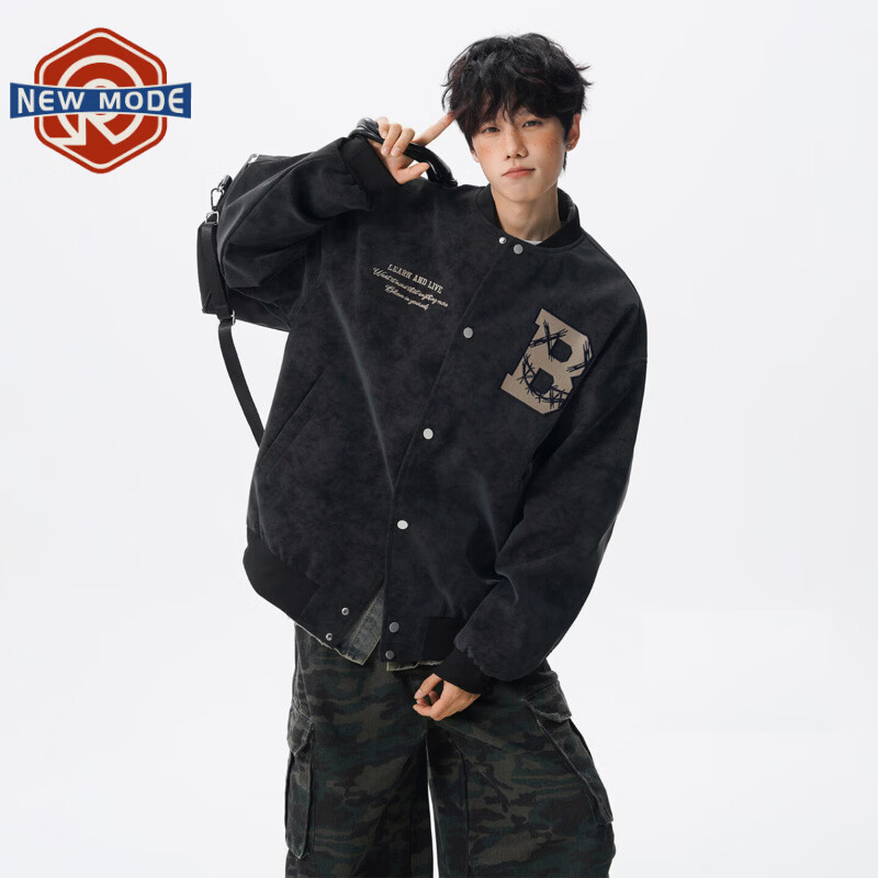 NEW OR MODE美式重磅PU皮棒球服外套男士春季新款潮牌高街宽松青少年情侣夹克 黑色【高品质】 M 【建议90-110斤】