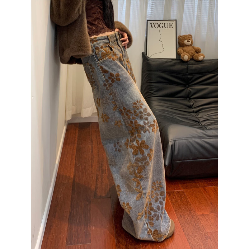 MODX美式复古提花弯刀牛仔裤女春季新款大码胖设计感显瘦宽松阔腿裤 复古蓝 S 建议80-90斤