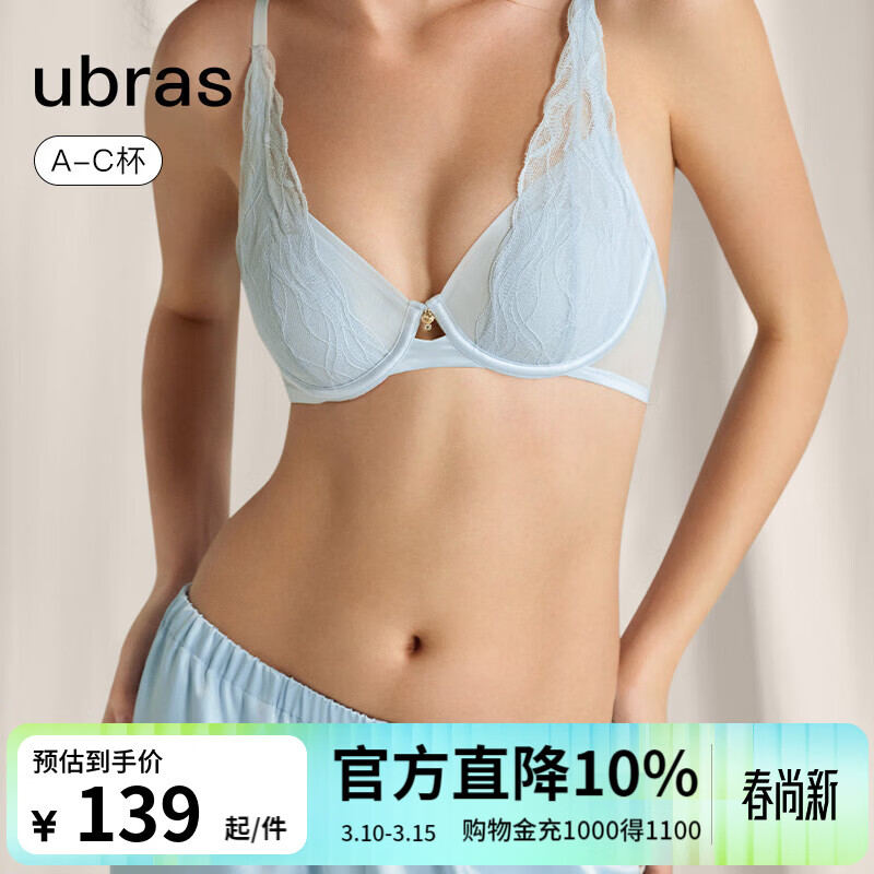 ubras轻奢流雾蕾丝性感内衣女透气轻奢大胸显小聚拢文胸 兔耳杯套装-涟漪蓝色	 M (75A/B/C)