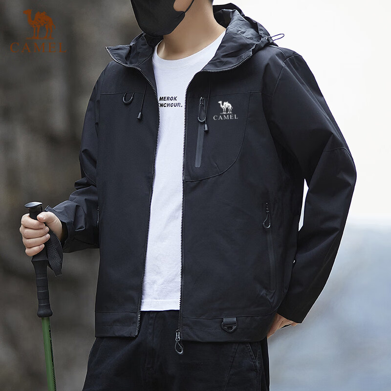 骆驼户外连帽防风防水冲锋衣外套 春秋男黑色宽松夹克衫 秘境紫 2XL