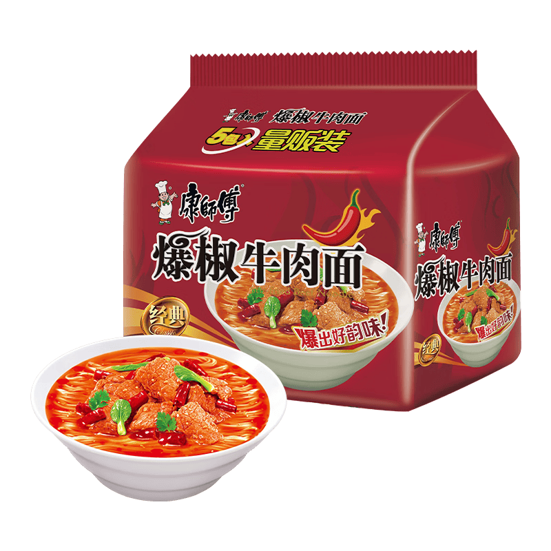 康师傅 方便面 经典爆椒牛肉面五连包103g*5 泡面袋装速食 方便食品