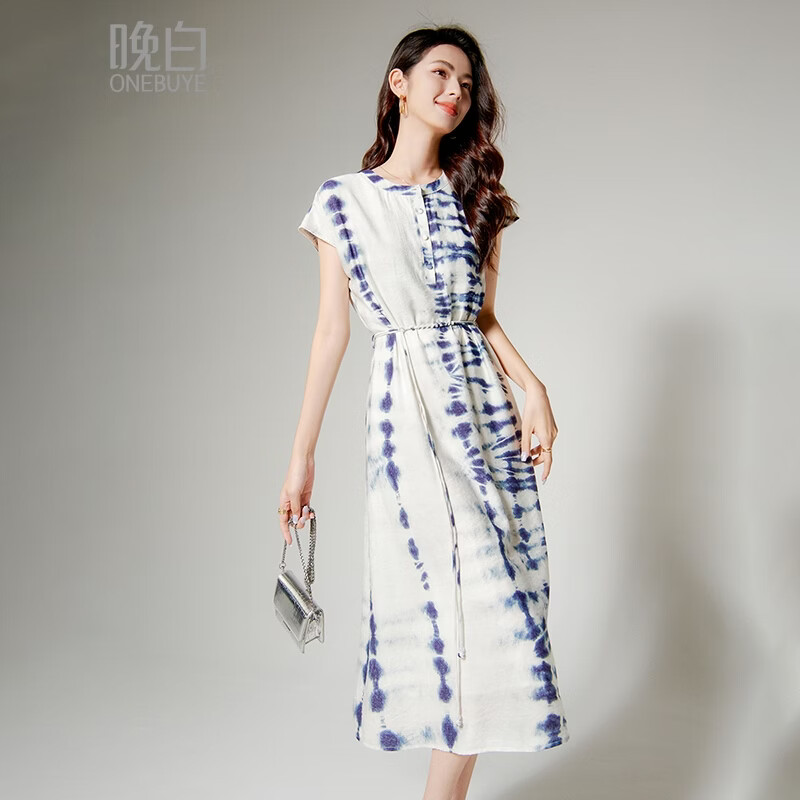 晚白【新品】2026年春款时尚优雅系带收腰裙子文艺晕染柔软无袖连衣裙 花色 M