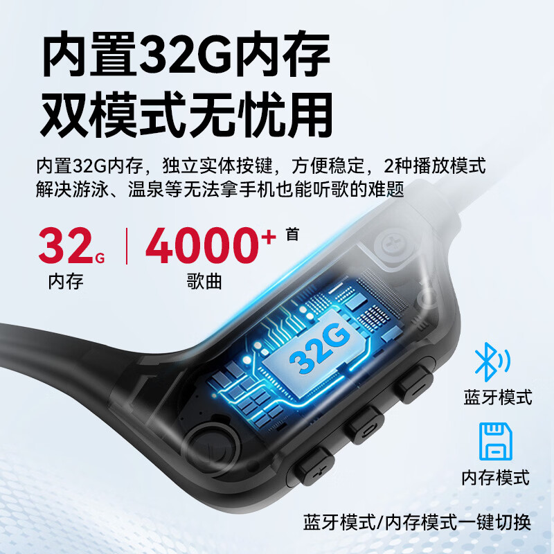 魔声（Monster）Open Ear BC300 骨传导耳机开放式运动游泳跑步16H长续航无线蓝牙耳机IPX8级防水内置内存双模式 黑色【内存蓝牙双模式+16h续航+IPX8防水】