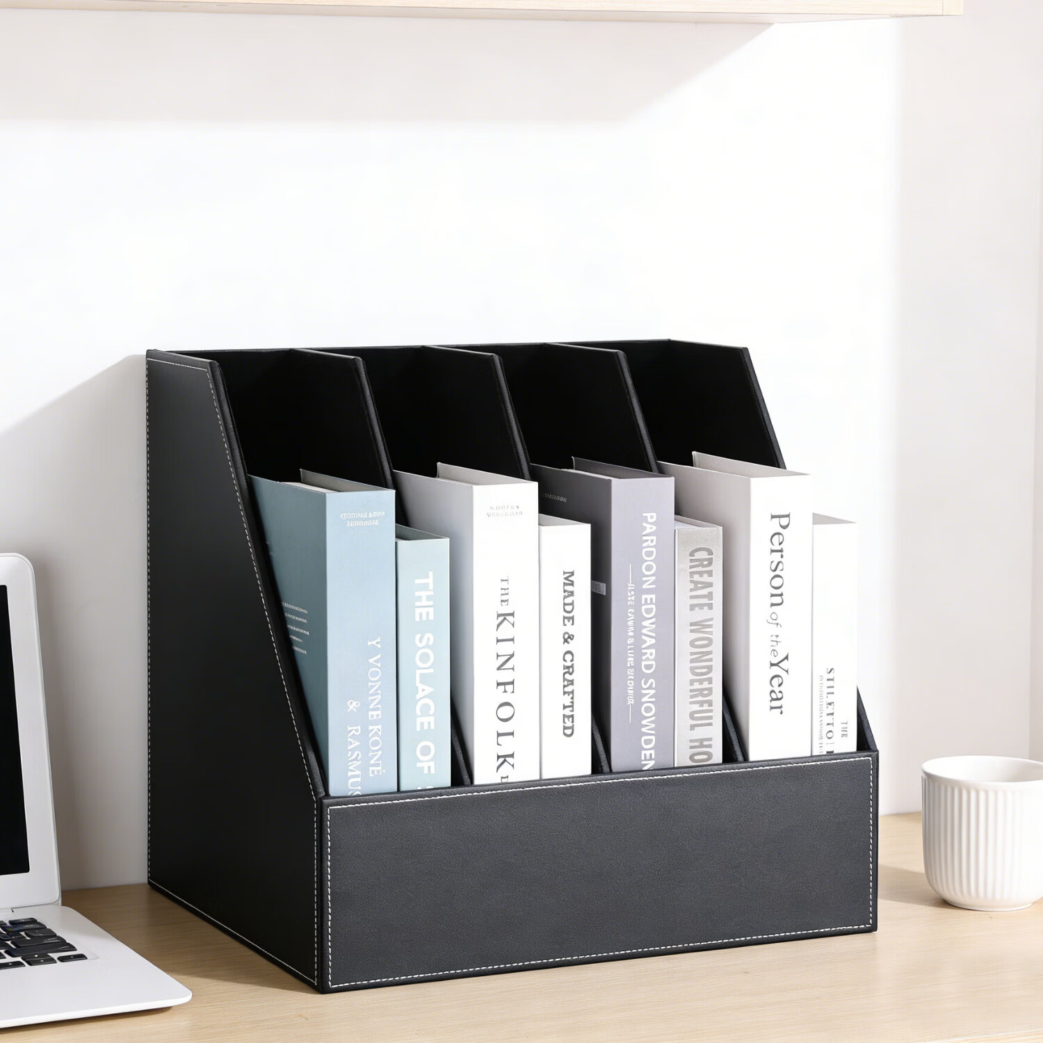 利蓝（LEADLAND）皮革文件架文件筐四联文件框资料夹架档案架立式文件置物架办公室书立办公用品 黑色1445