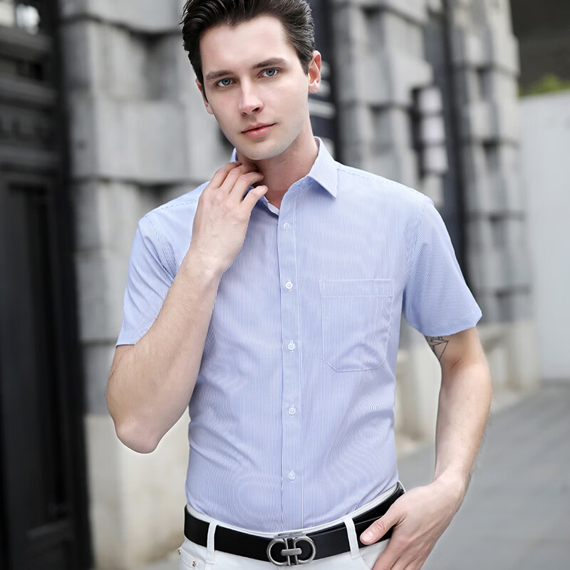 海派浩宇短袖衬衫男士商务休闲清凉条纹衬衣 兰条纹 M