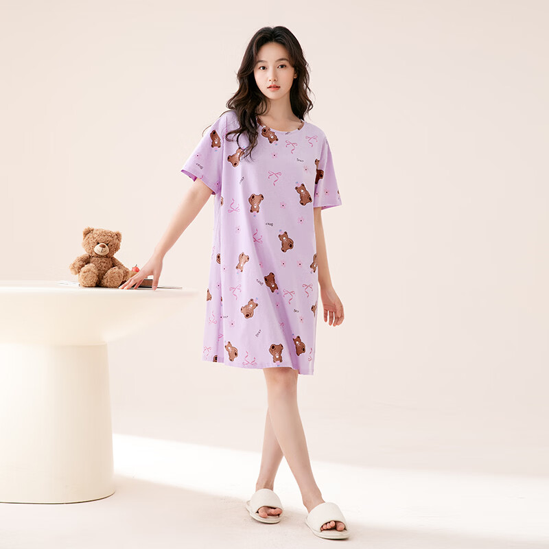 芬腾睡裙女【100%纯棉】新疆棉家居服女士睡衣睡裙女短袖裙26夏新款 香芋紫 XL